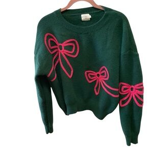 Anthropologie Luna Ivy Green Sweater 3D Pink Bow Embroidery Size M
B